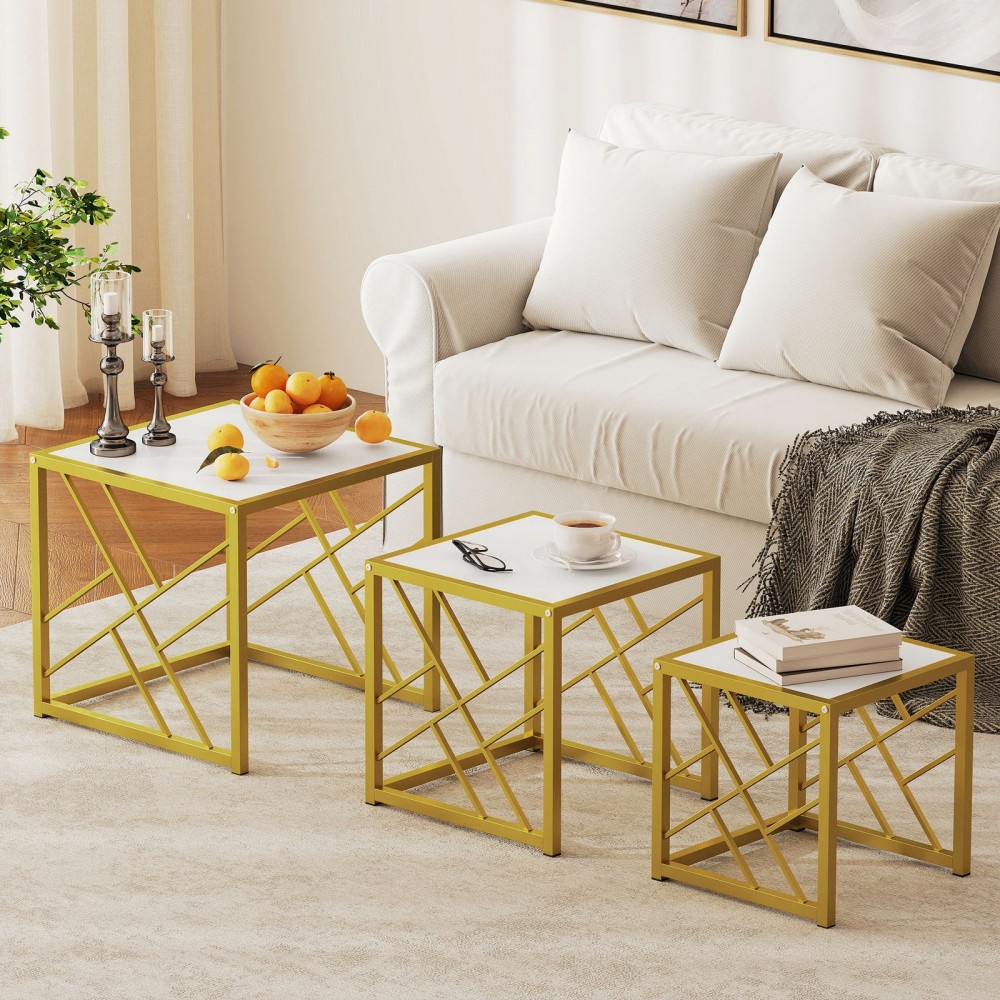 Nesting Coffee Tables, Set Of 3 Square Side Tables With Black Metal Frame, For Living Room, Bedroom And Office, White