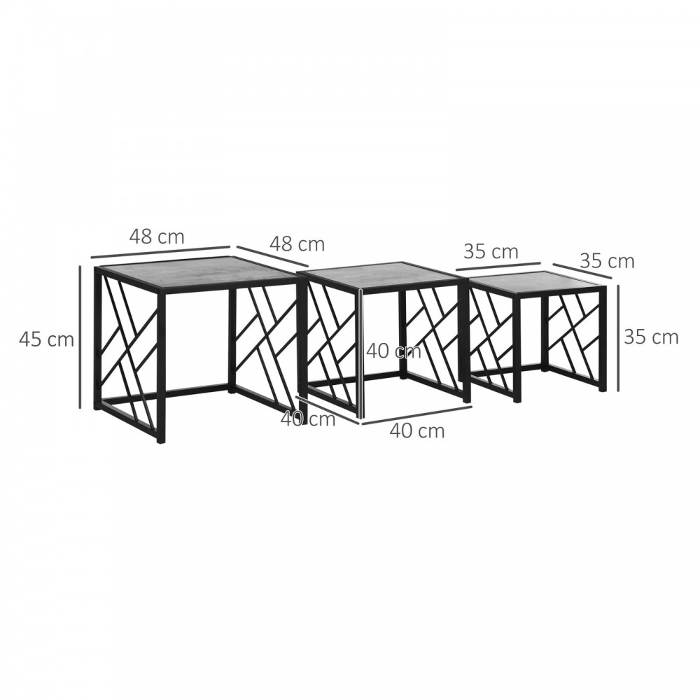 Nesting Coffee Tables, Set Of 3 Square Side Tables With Black Metal Frame, For Living Room, Bedroom And Office, Grey