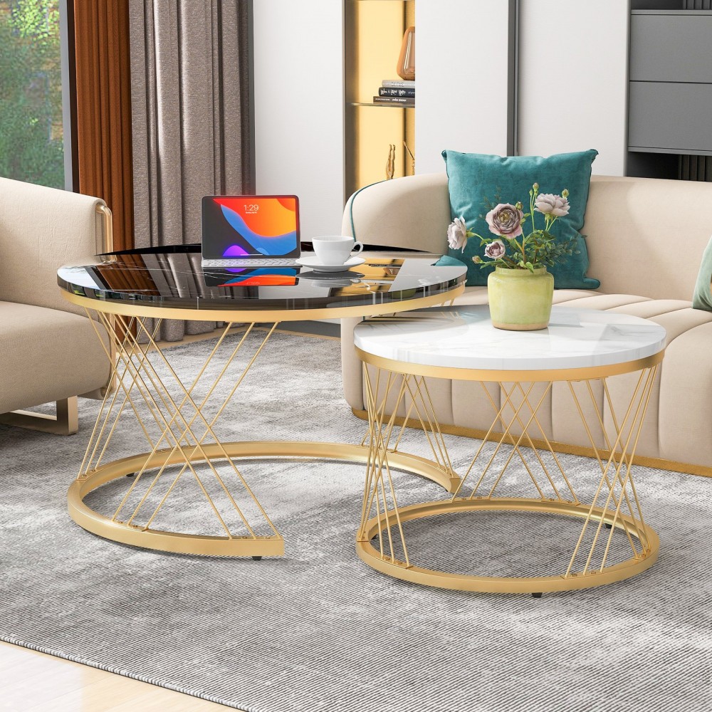 WF300416BAA Modern Nesting Coffee Table, Coffee Table Set Marble Veneer Sofa Side Nest Of Tables Round End Tables, Set Of 2, Golden Color Frame