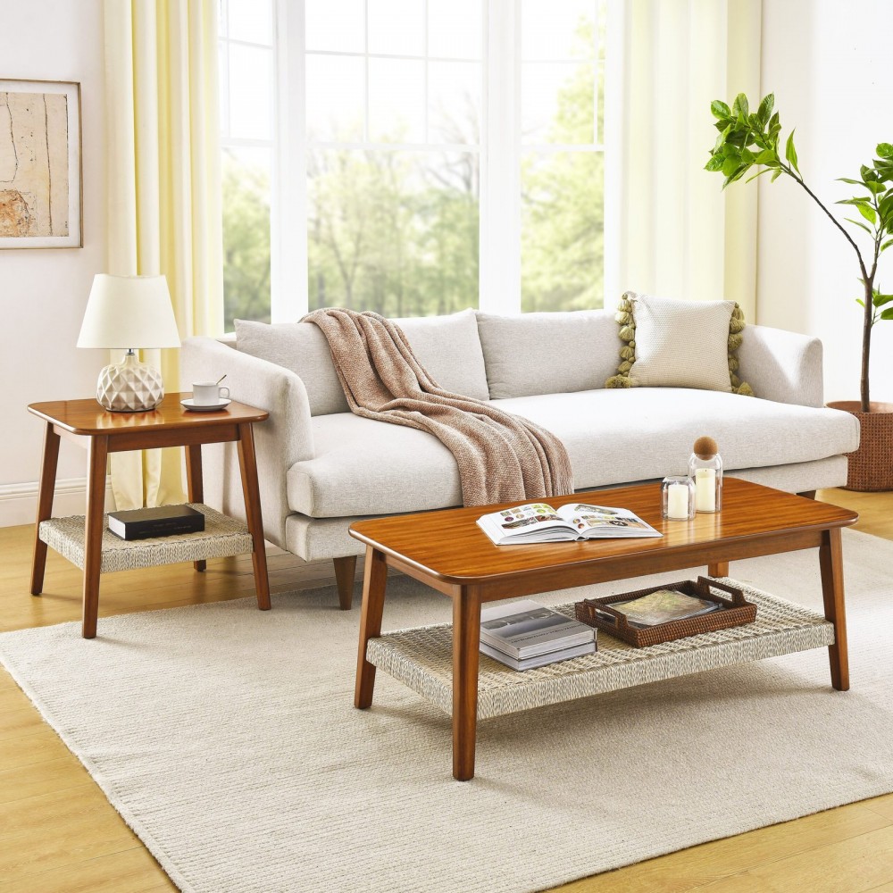 23  Mid-Century Side Table With Woven Shelf, Boho Side Table With Storage, Bedside Tables, Small Side Table For Living Room Couch Patio Home Office