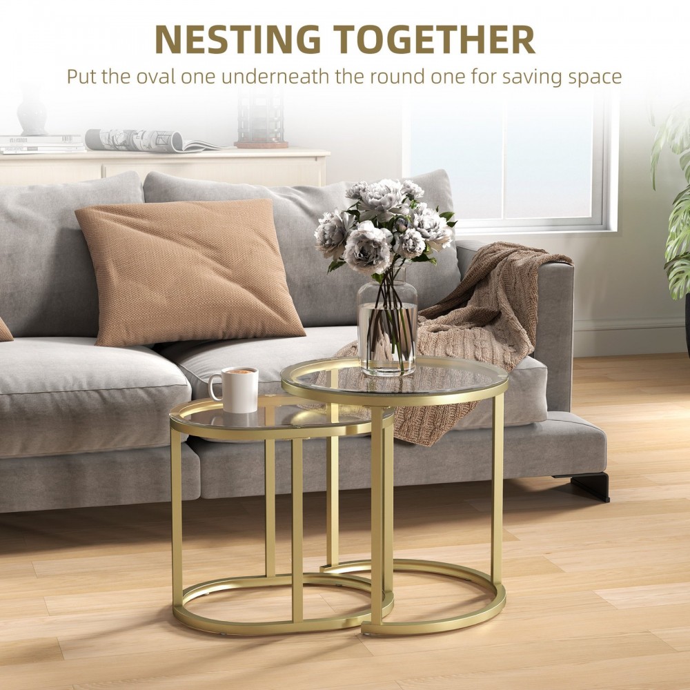 Modern Coffee Table Set Of 2, Nest Of Tables With Steel Frame And Tempered Glass Tabletop, Side Tables For Living Room Bedroom, Clear