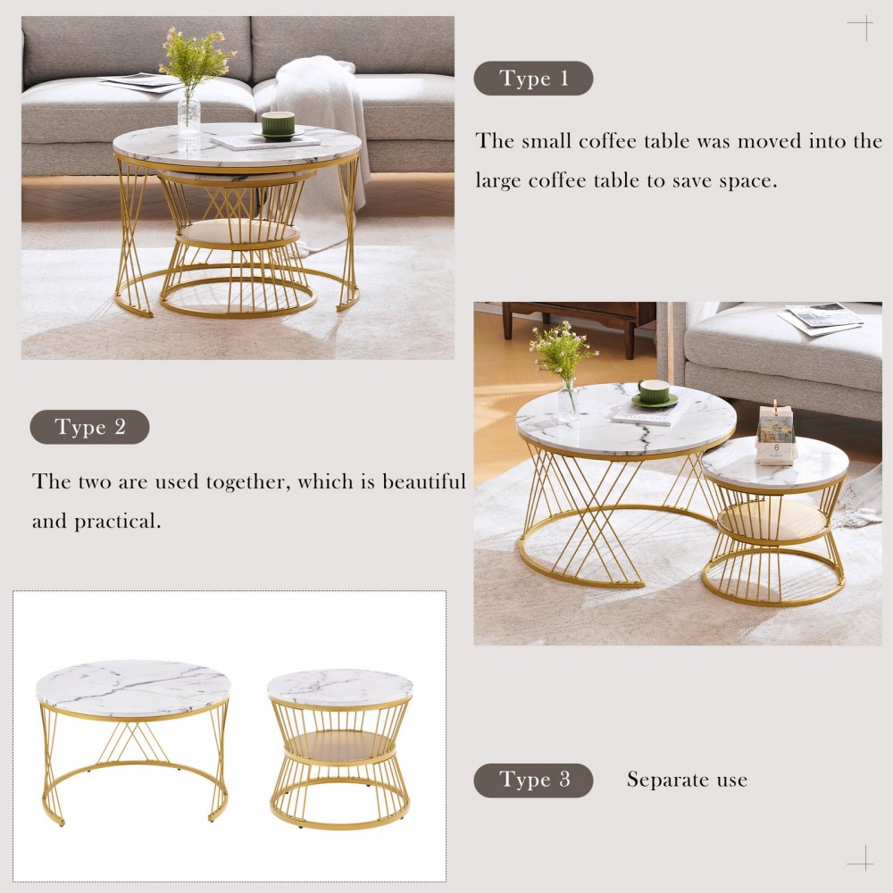 Modern Nesting Coffee Table, High Gloss Coffee Table Set ,Marble Veneer Sofa Side Nest Of Tables Round End Tables, Set Of 2, Golden Color Frame