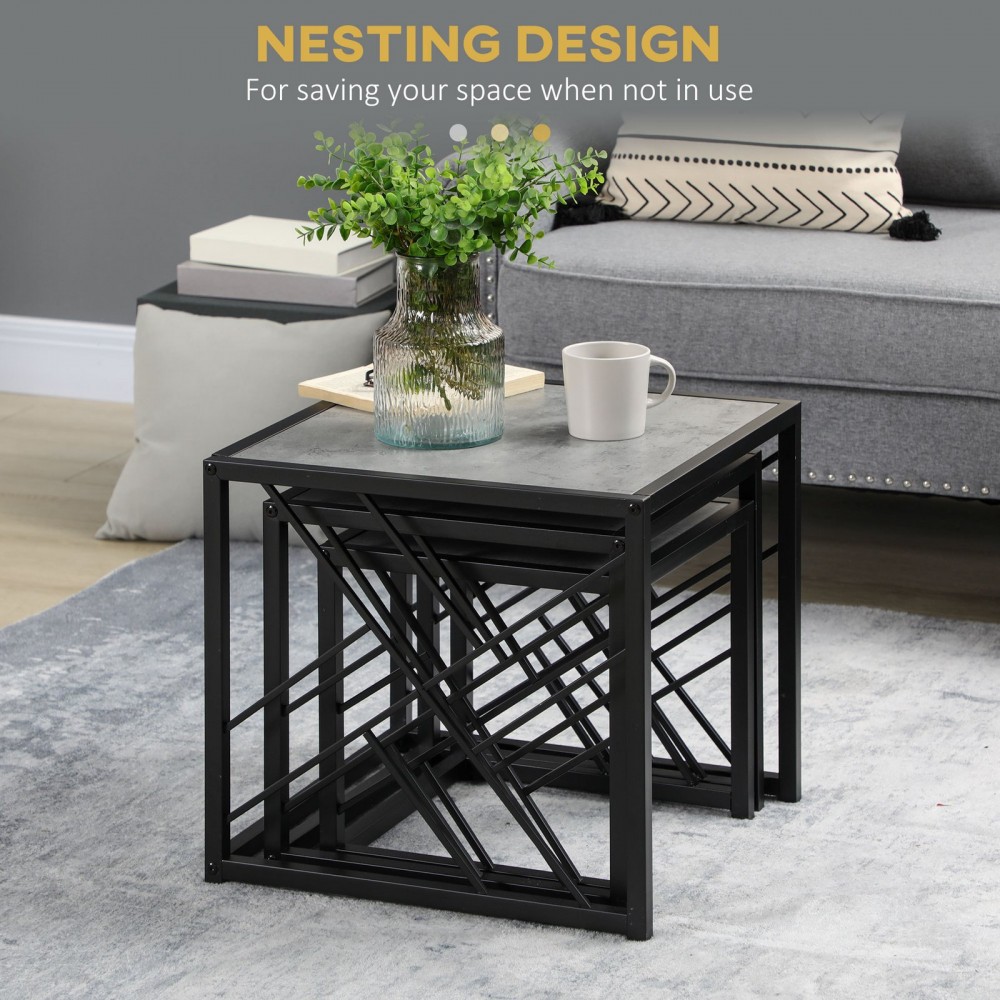 Nesting Coffee Tables, Set Of 3 Square Side Tables With Black Metal Frame, For Living Room, Bedroom And Office, Grey