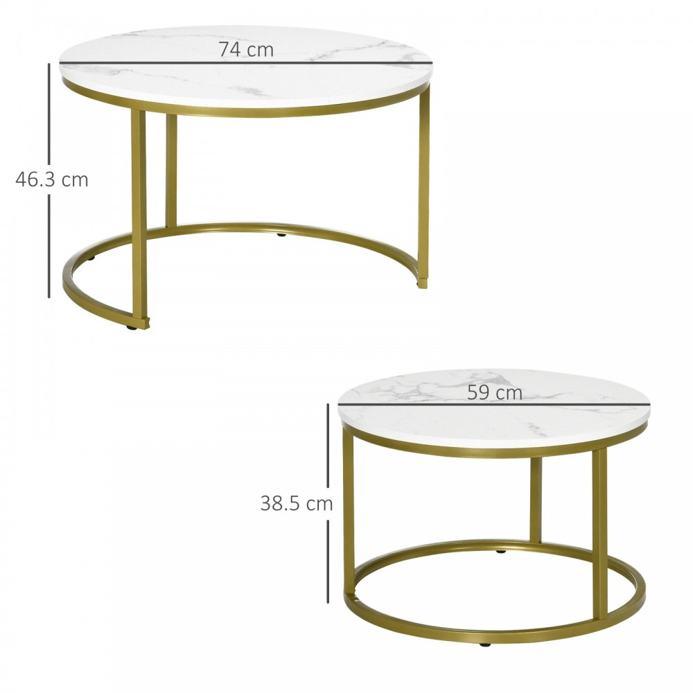 Coffee Table Set Of 2, Round Nest Of Tables With Metal Frame, Modern Side Tables For Living Room, White