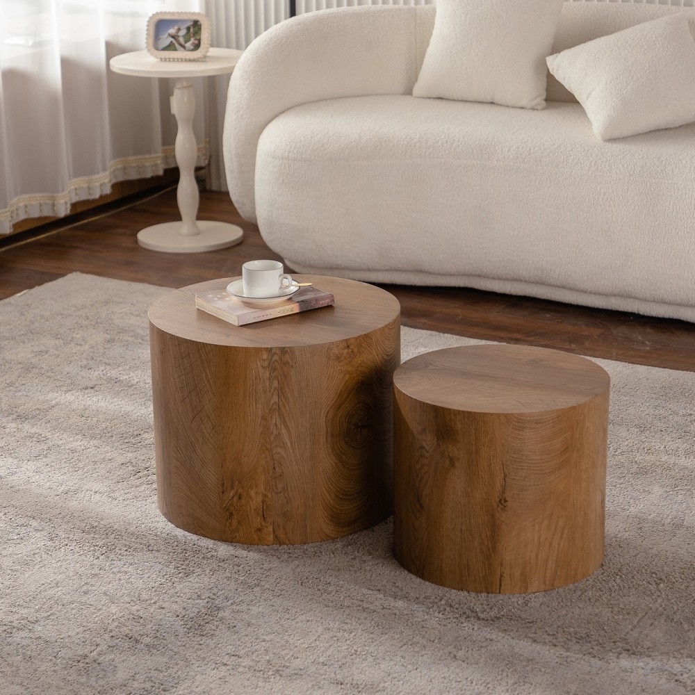 Nesting Coffee Table Set Of 2 Round Wooden Coffee Tables Circle Modern Table For Small Space Living Room Bedroom Accent End Side Table