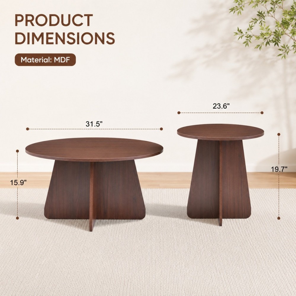 Retro-style Nesting Coffee Table Set. Available In Walnut Or Natural Wood Finishes. Round Nesting Side Tables With Crisscross Legs. Ideal For Living Rooms And Dining Rooms.
