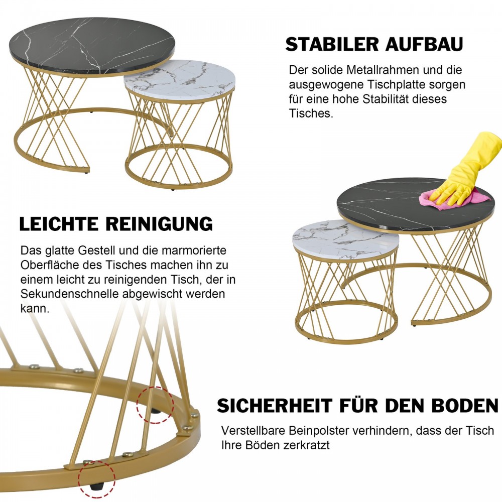 WF300416BAA Modern Nesting Coffee Table, Coffee Table Set Marble Veneer Sofa Side Nest Of Tables Round End Tables, Set Of 2, Golden Color Frame