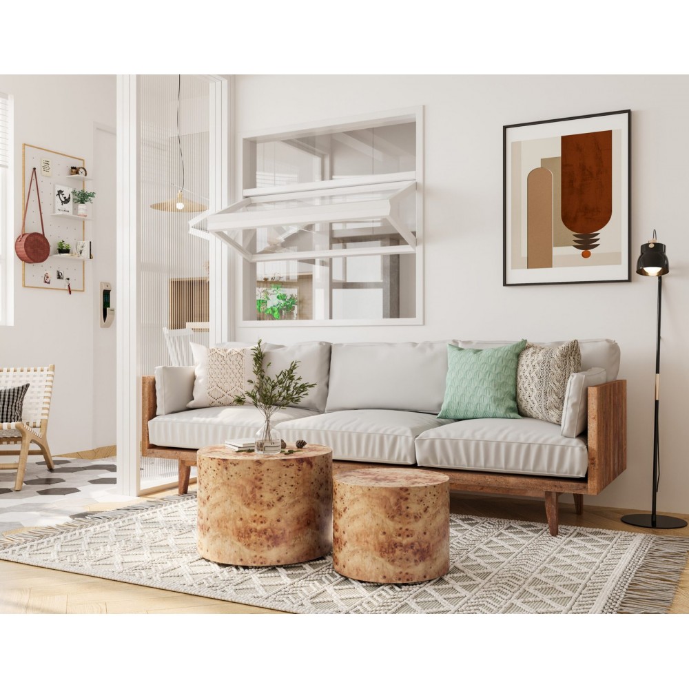 Nesting Coffee Table Set Of 2, Modern Round Coffee Table, Wooden Circle Accent Tables For Small Spaces Living Room Bedroom Balcony Office Drum Side Table, Natural Burl