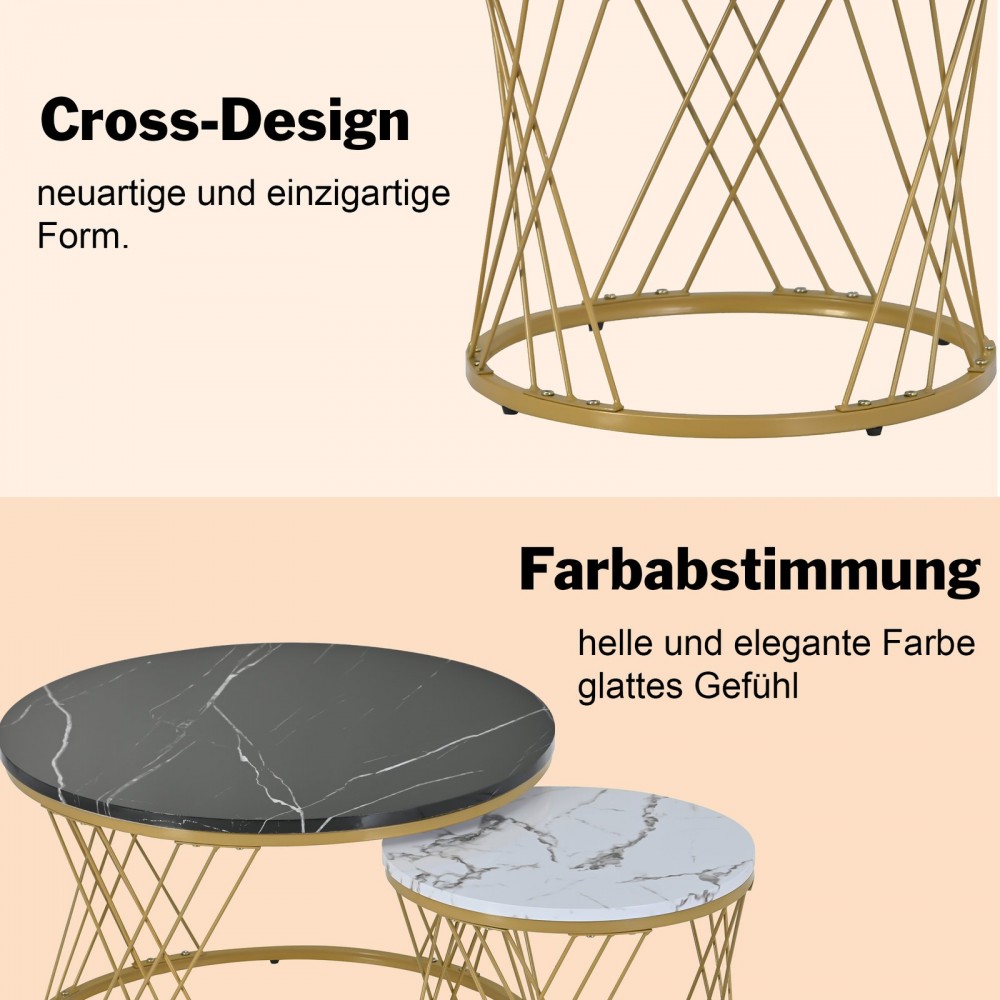 WF300416BAA Modern Nesting Coffee Table, Coffee Table Set Marble Veneer Sofa Side Nest Of Tables Round End Tables, Set Of 2, Golden Color Frame