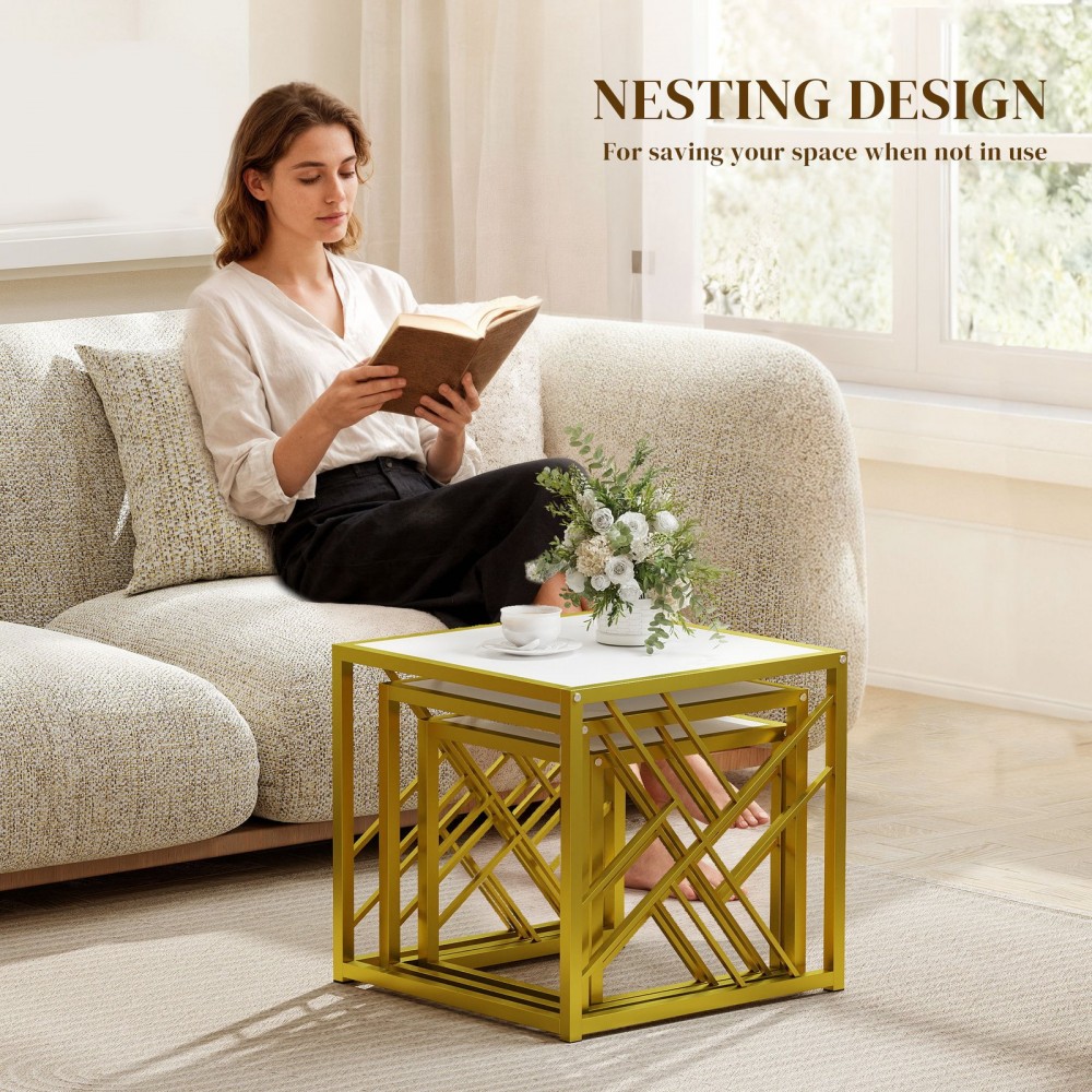 Nesting Coffee Tables, Set Of 3 Square Side Tables With Black Metal Frame, For Living Room, Bedroom And Office, White