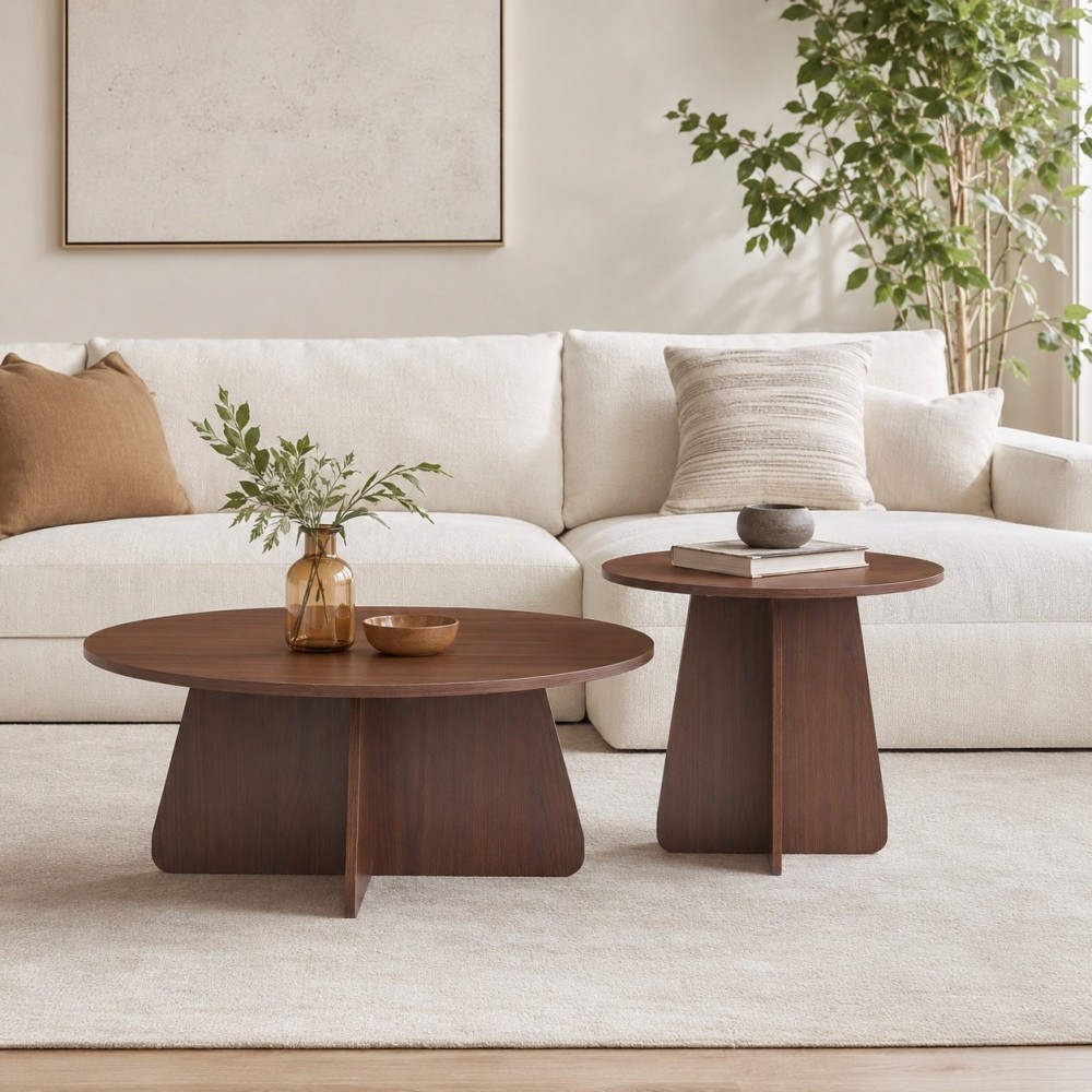 Retro-style Nesting Coffee Table Set. Available In Walnut Or Natural Wood Finishes. Round Nesting Side Tables With Crisscross Legs. Ideal For Living Rooms And Dining Rooms.