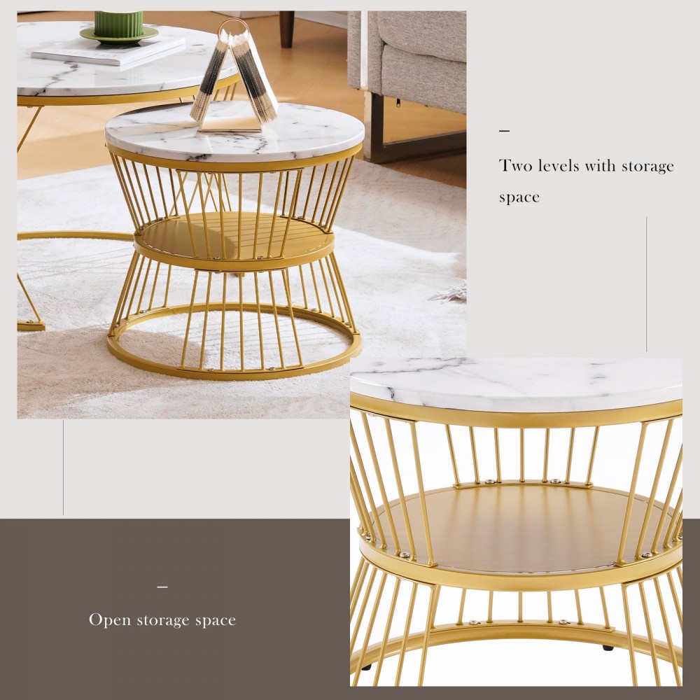 Modern Nesting Coffee Table, High Gloss Coffee Table Set ,Marble Veneer Sofa Side Nest Of Tables Round End Tables, Set Of 2, Golden Color Frame