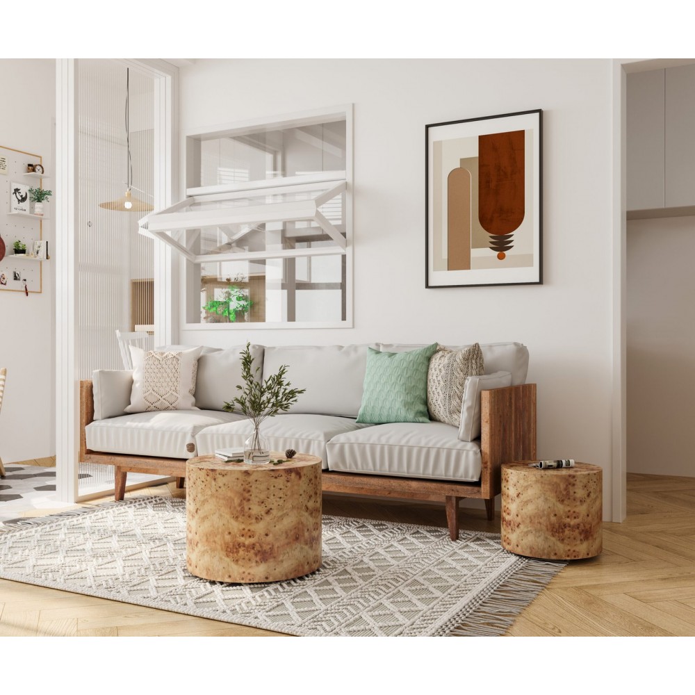 Nesting Coffee Table Set Of 2, Modern Round Coffee Table, Wooden Circle Accent Tables For Small Spaces Living Room Bedroom Balcony Office Drum Side Table, Natural Burl
