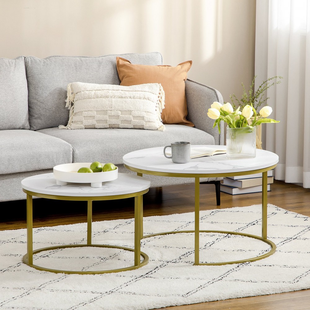 Coffee Table Set Of 2, Round Nest Of Tables With Metal Frame, Modern Side Tables For Living Room, White