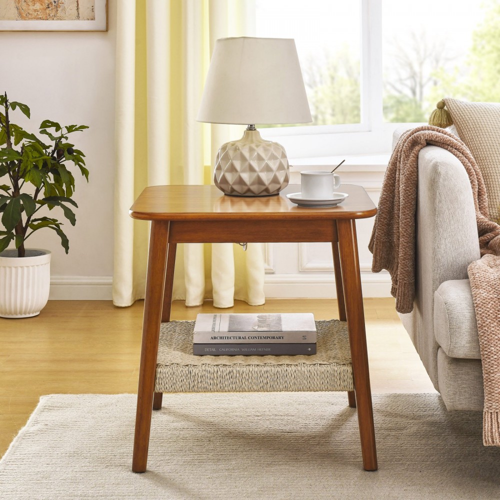 23  Mid-Century Side Table With Woven Shelf, Boho Side Table With Storage, Bedside Tables, Small Side Table For Living Room Couch Patio Home Office