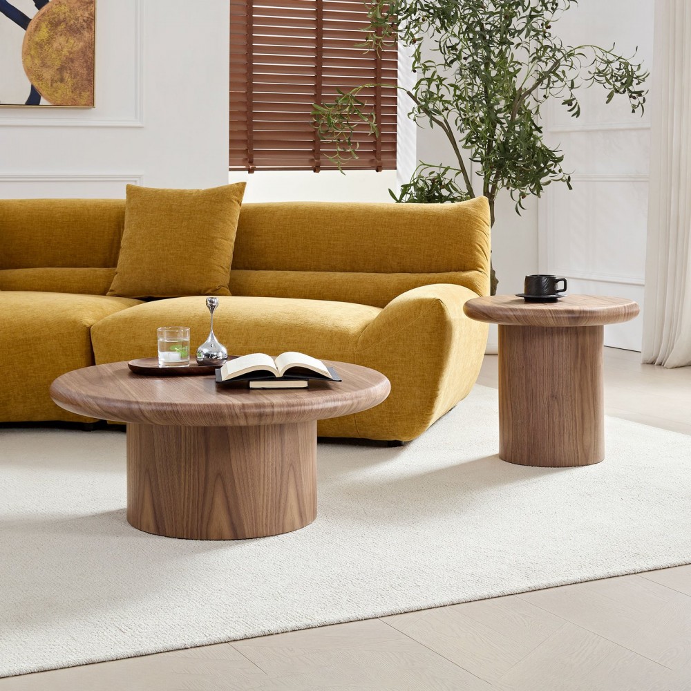 2-Piece Modern Round Coffee Table Set For Living Room,Easy Assembly Coffee Tables, End Side Tables For Leisure Area,Office,Walnut