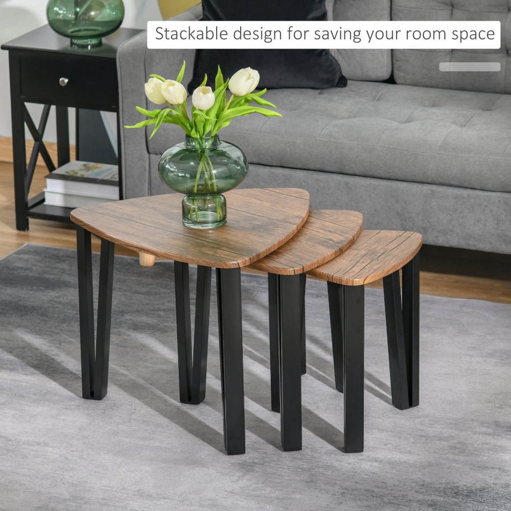 Nest Of Tables, Coffee Table Set Of 3, Triangle Nesting Tables With Metal Legs, Industrial End Side Table For Living Room, Walnut Wood Grain