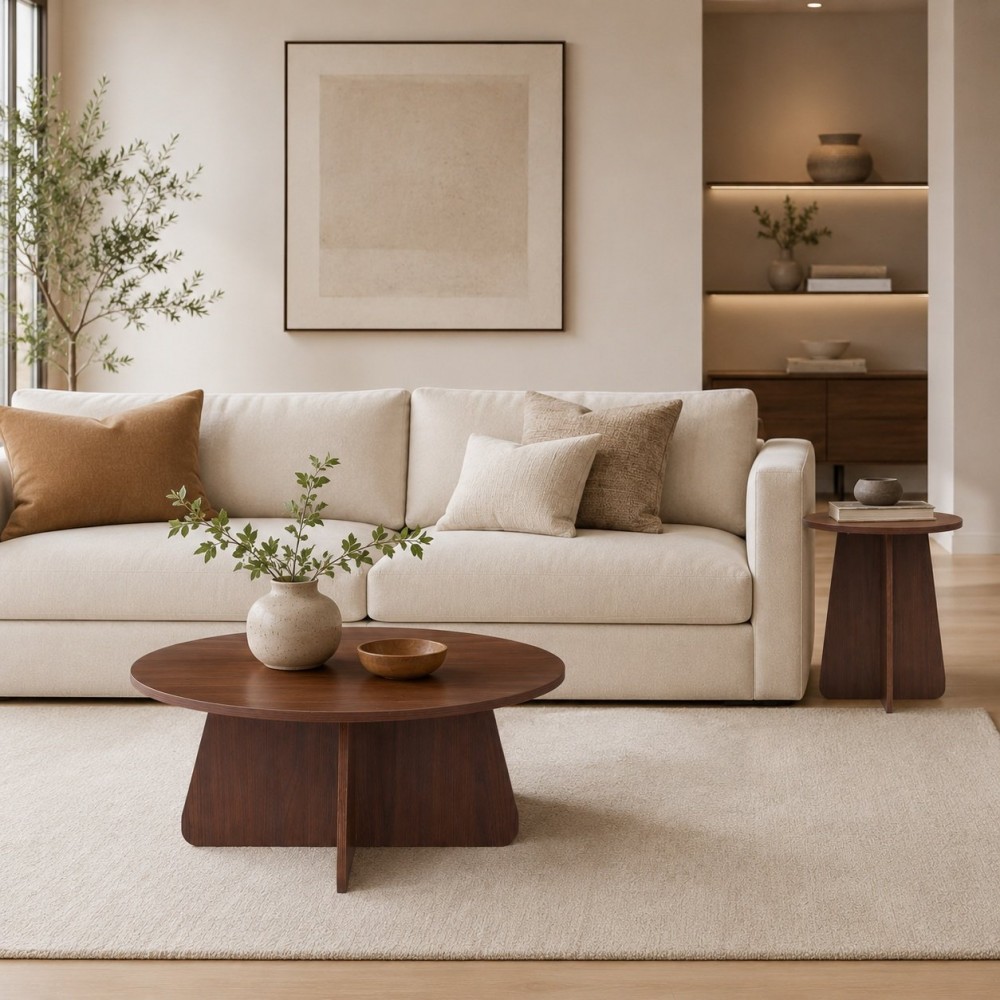 Retro-style Nesting Coffee Table Set. Available In Walnut Or Natural Wood Finishes. Round Nesting Side Tables With Crisscross Legs. Ideal For Living Rooms And Dining Rooms.