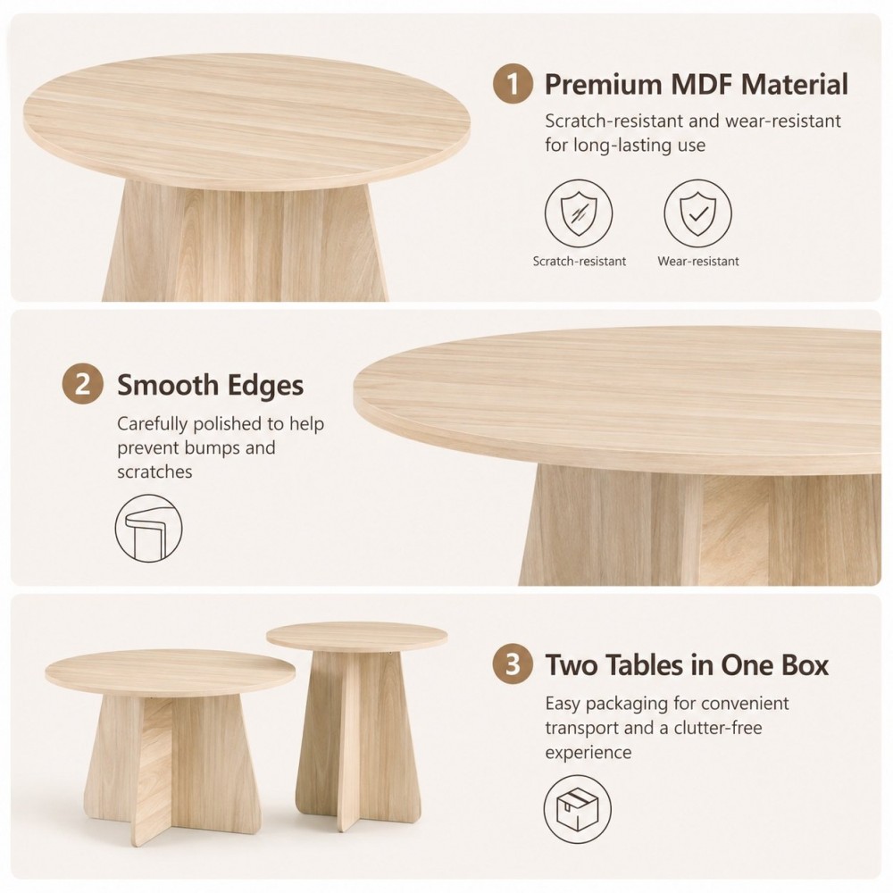 Retro-style Nesting Coffee Table Set. Available In Walnut Or Natural Wood Finishes. Round Nesting Side Tables With Crisscross Legs. Ideal For Living Rooms And Dining Rooms.