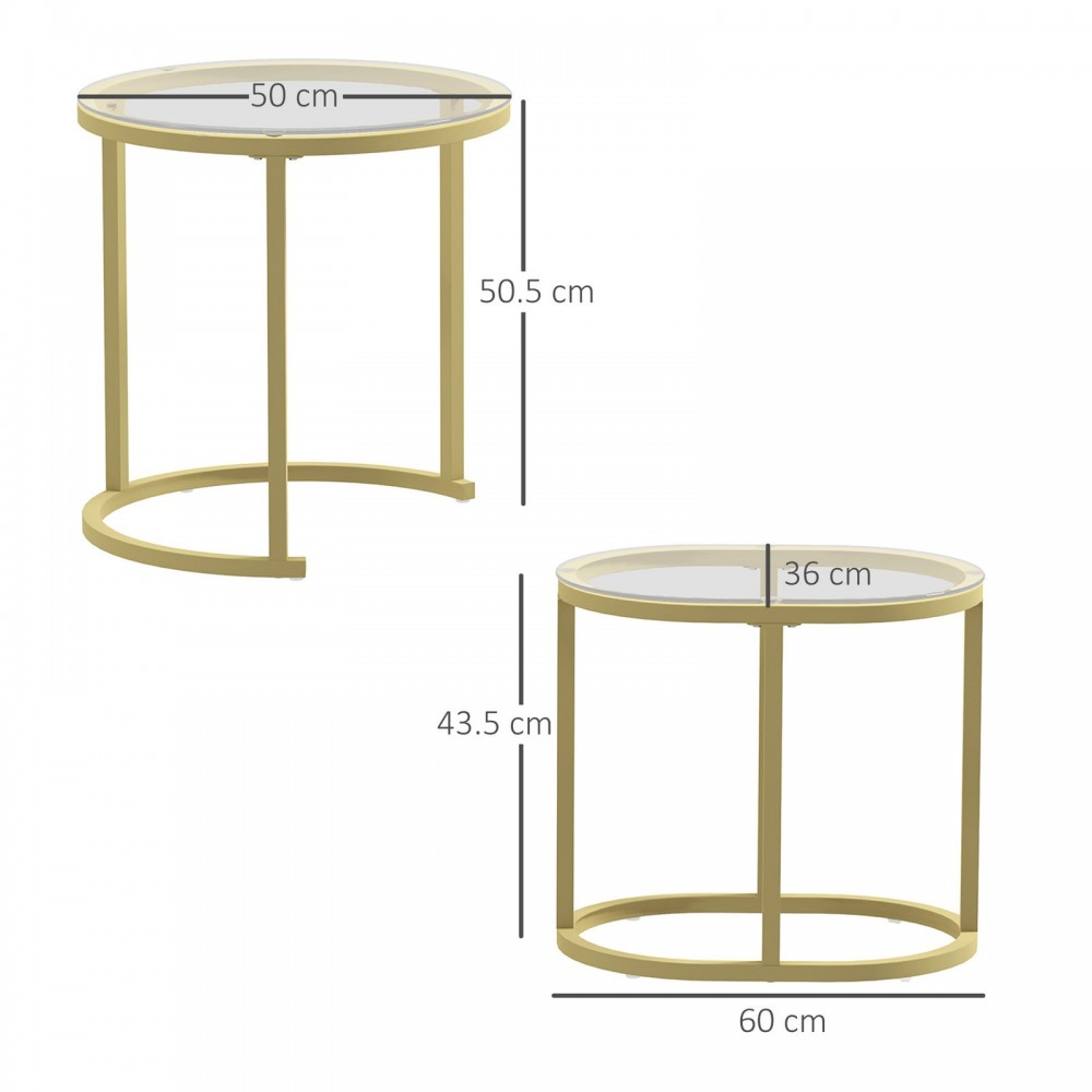 Modern Coffee Table Set Of 2, Nest Of Tables With Steel Frame And Tempered Glass Tabletop, Side Tables For Living Room Bedroom, Clear