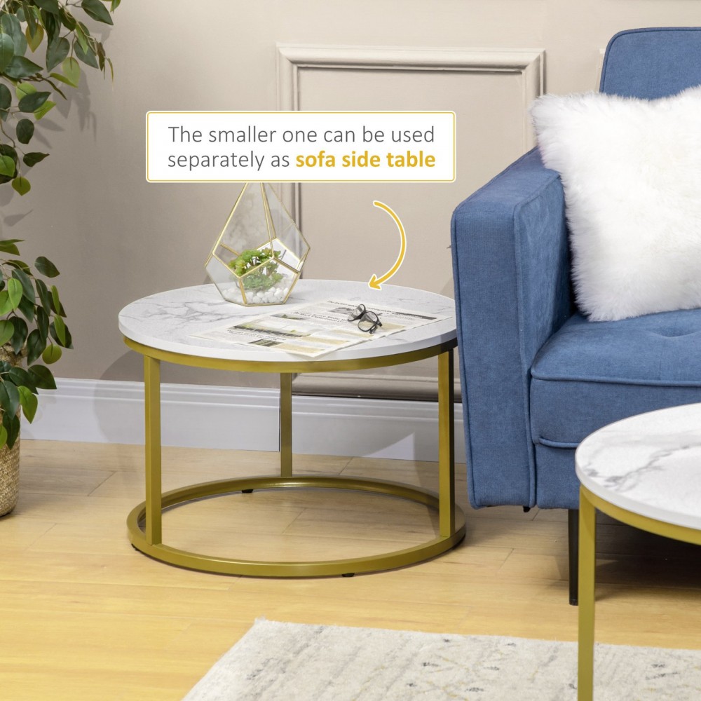 Coffee Table Set Of 2, Round Nest Of Tables With Metal Frame, Modern Side Tables For Living Room, White