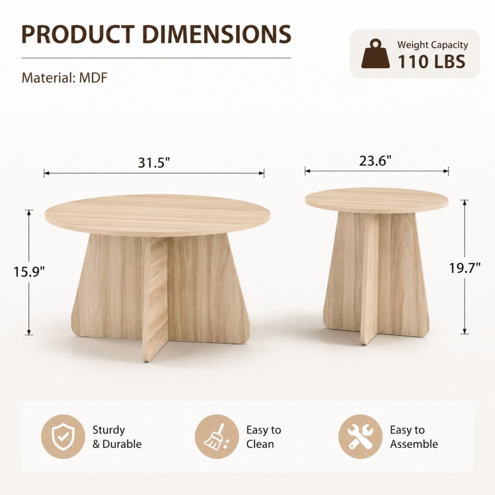 Retro-style Nesting Coffee Table Set. Available In Walnut Or Natural Wood Finishes. Round Nesting Side Tables With Crisscross Legs. Ideal For Living Rooms And Dining Rooms.