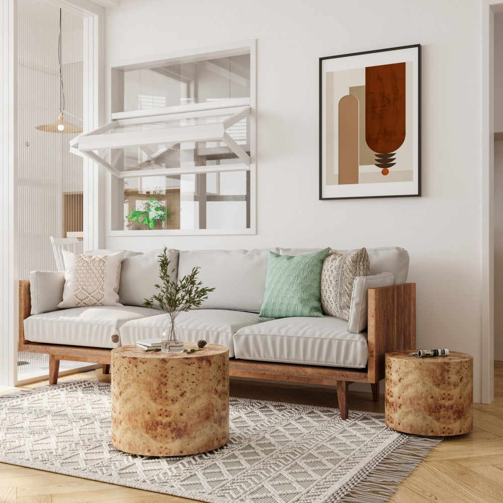 Nesting Coffee Table Set Of 2, Modern Round Coffee Table, Wooden Circle Accent Tables For Small Spaces Living Room Bedroom Balcony Office Drum Side Table, Natural Burl