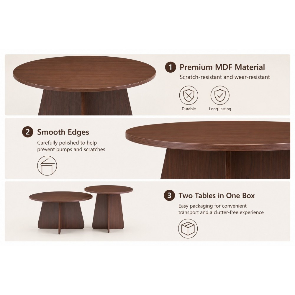Retro-style Nesting Coffee Table Set. Available In Walnut Or Natural Wood Finishes. Round Nesting Side Tables With Crisscross Legs. Ideal For Living Rooms And Dining Rooms.