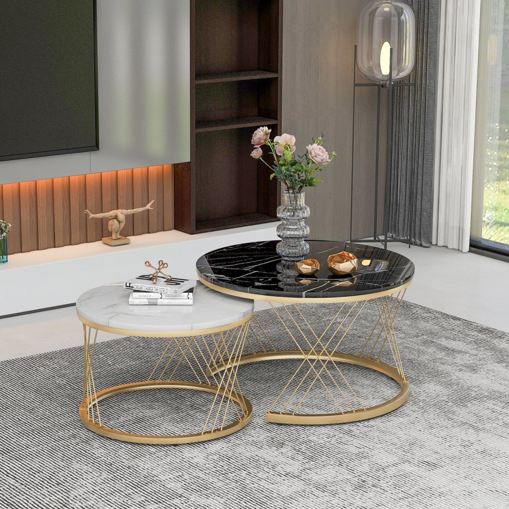 WF300416BAA Modern Nesting Coffee Table, Coffee Table Set Marble Veneer Sofa Side Nest Of Tables Round End Tables, Set Of 2, Golden Color Frame