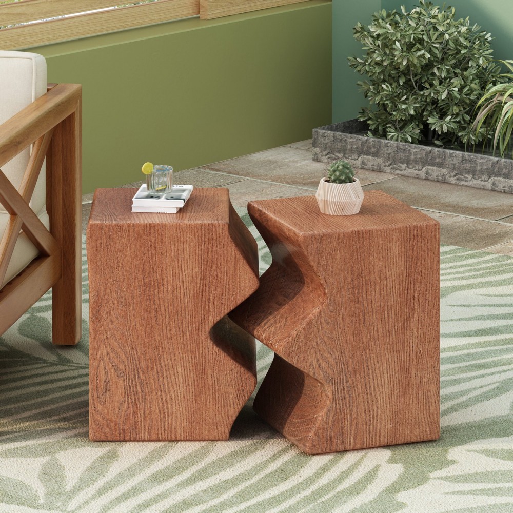 MGO Side Table, Set Of 2 Rectangular Outdoor Side Tables, Decorative Garden Stools For Indoor Outdoor, Accent Table,Patio Side Table,Nesting End Table,Faux Wood Natural Color