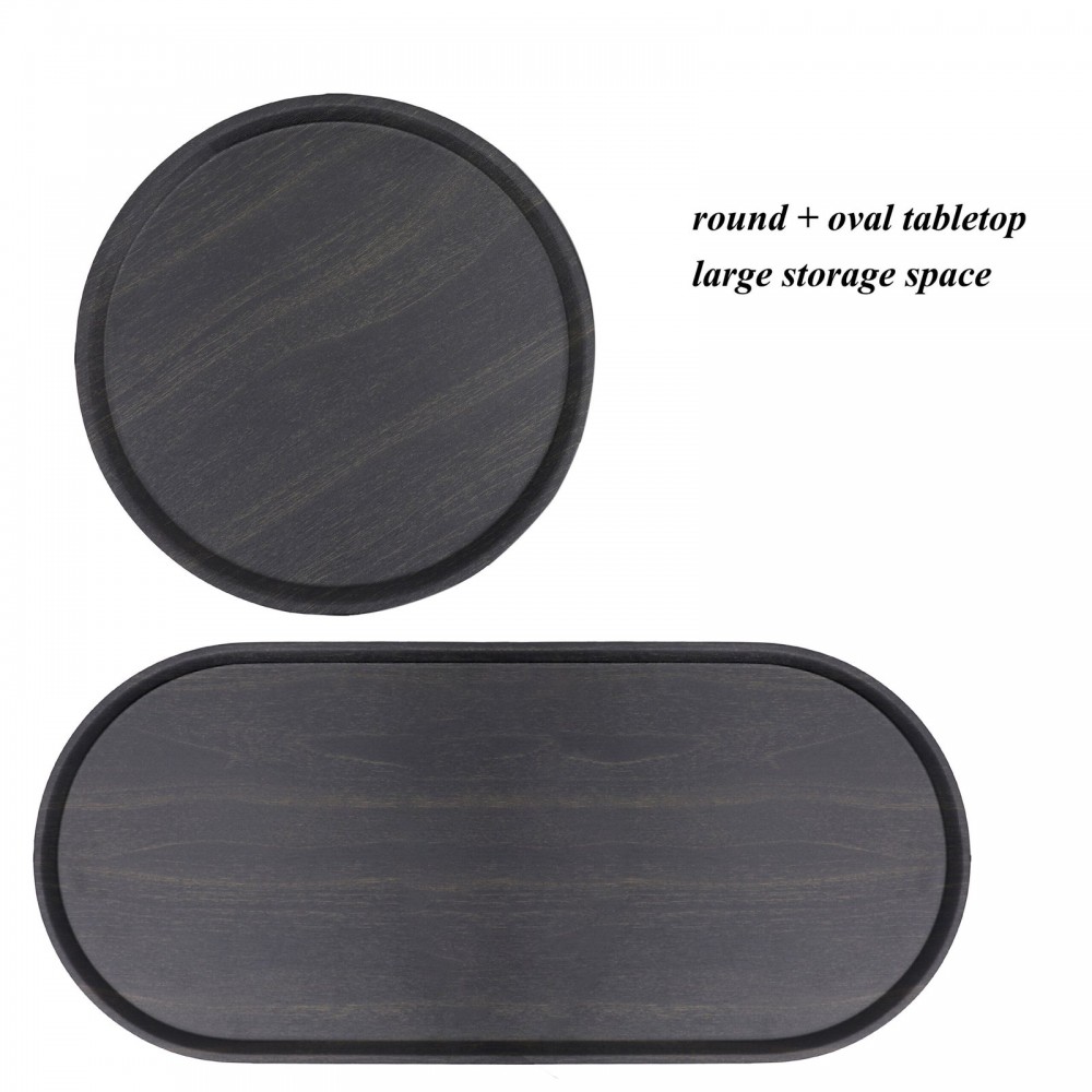 Round Coffee Table With Storage Tray 2 Tier Oval End Tables Wooden Small Side Table For Living Room  Black