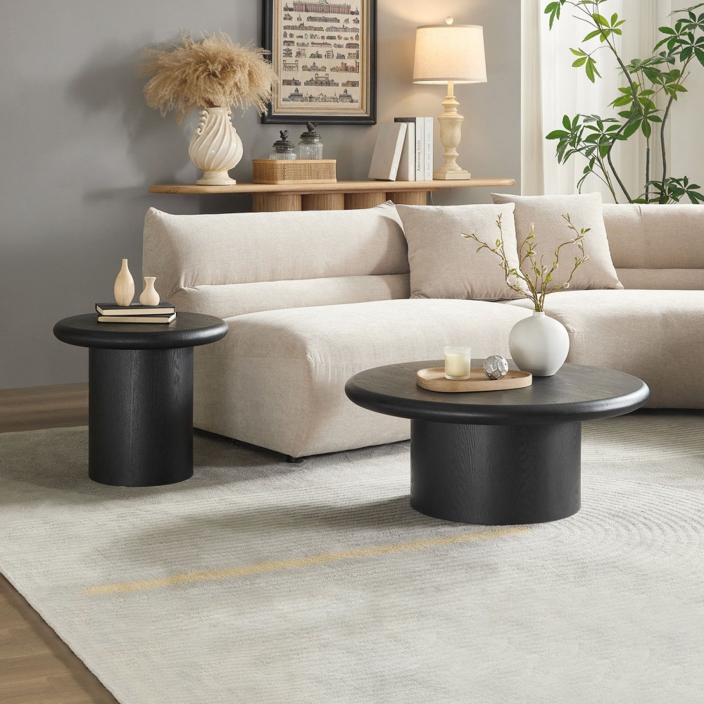 2-Piece Modern Round Coffee Table Set For Living Room,Easy Assembly Coffee Tables, End Side Tables For Leisure Area,Office,Black