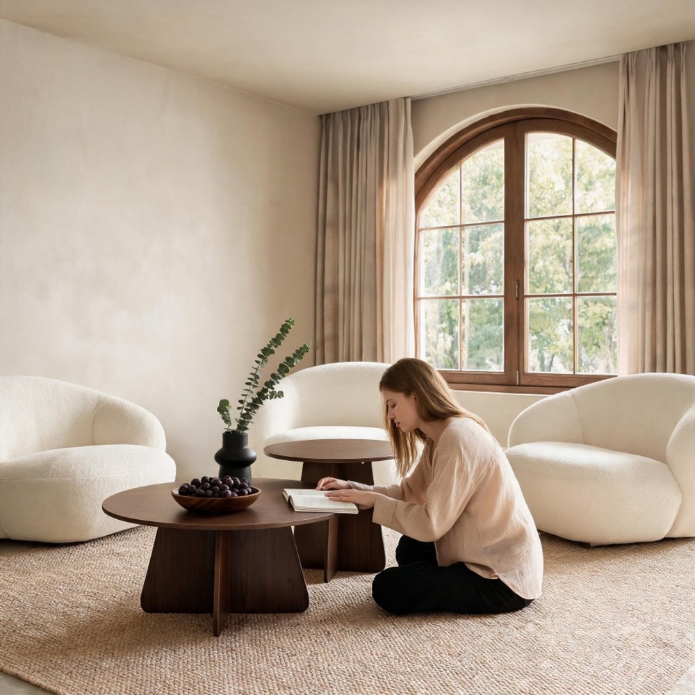 Retro-style Nesting Coffee Table Set. Available In Walnut Or Natural Wood Finishes. Round Nesting Side Tables With Crisscross Legs. Ideal For Living Rooms And Dining Rooms.
