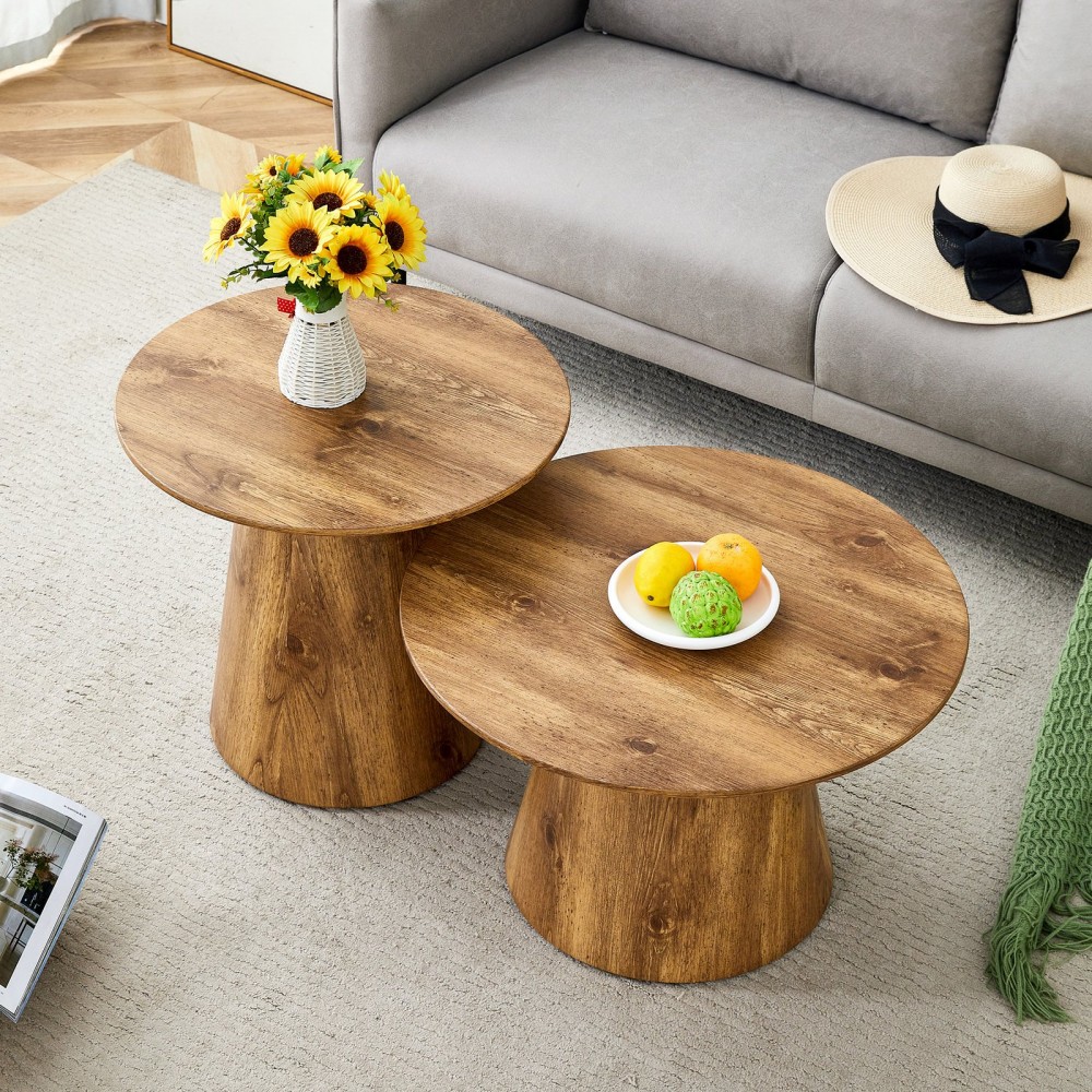 Coffee Table Set In Natural Wood Look  MDF 2 Round Stool Side Tables, High 50X48 Cm  Low 60X35 Cm, Natural Grain  Stable Base, Suitable For Living Room   Lounge Area.