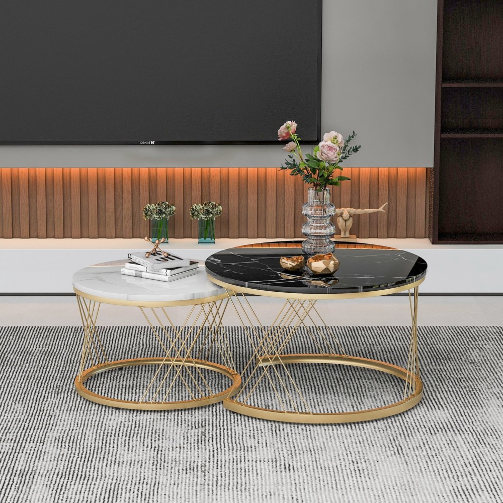WF300416BAA Modern Nesting Coffee Table, Coffee Table Set Marble Veneer Sofa Side Nest Of Tables Round End Tables, Set Of 2, Golden Color Frame