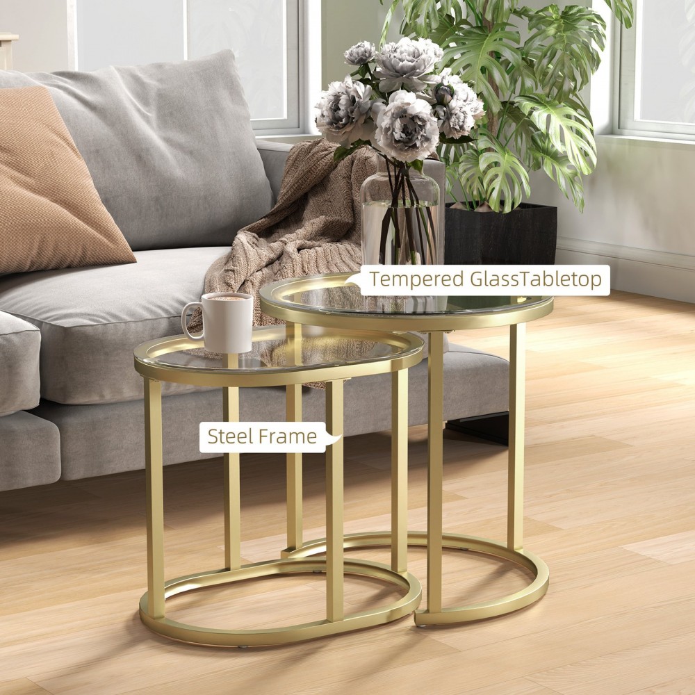 Modern Coffee Table Set Of 2, Nest Of Tables With Steel Frame And Tempered Glass Tabletop, Side Tables For Living Room Bedroom, Clear