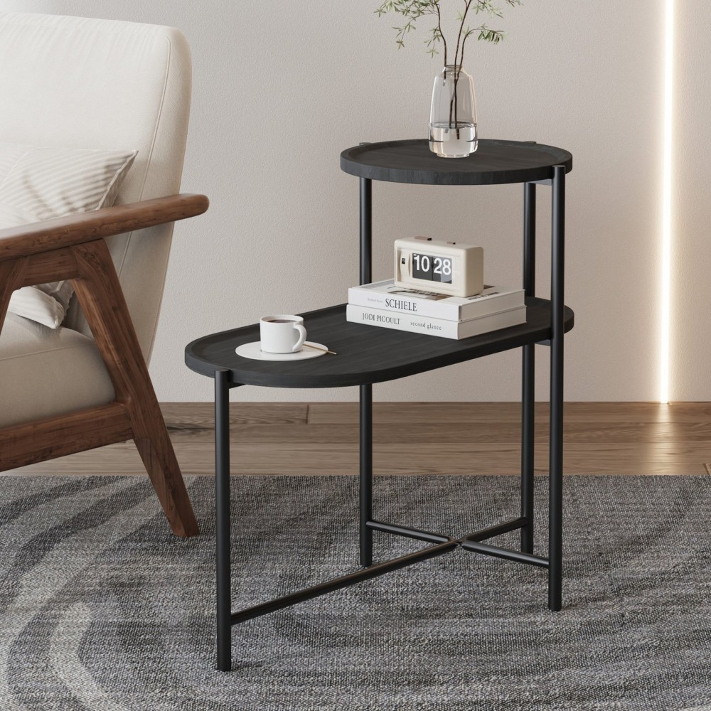 Round Coffee Table With Storage Tray 2 Tier Oval End Tables Wooden Small Side Table For Living Room  Black
