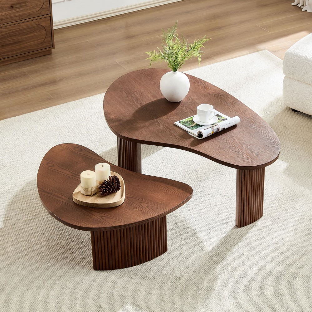 2-Piece Modern Irregular Shape Coffee Table Set For Living Room,Easy Assembly Nesting Coffee Tables, End Side Tables For Living Room Office,Walnut Color