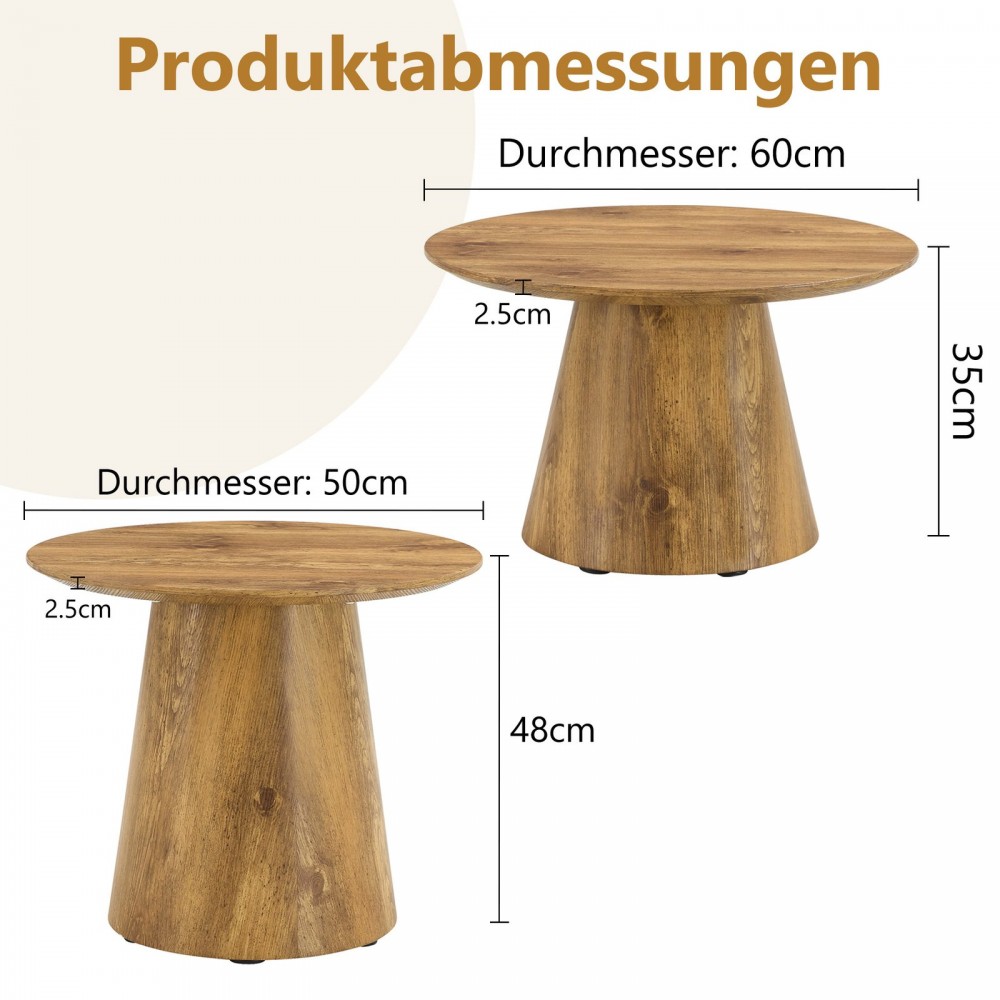 Coffee Table Set In Natural Wood Look  MDF 2 Round Stool Side Tables, High 50X48 Cm  Low 60X35 Cm, Natural Grain  Stable Base, Suitable For Living Room   Lounge Area.
