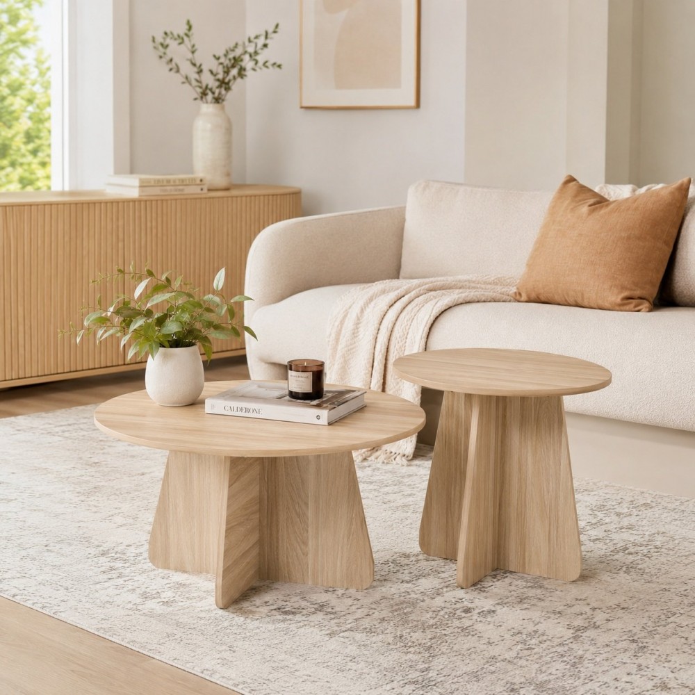 Retro-style Nesting Coffee Table Set. Available In Walnut Or Natural Wood Finishes. Round Nesting Side Tables With Crisscross Legs. Ideal For Living Rooms And Dining Rooms.