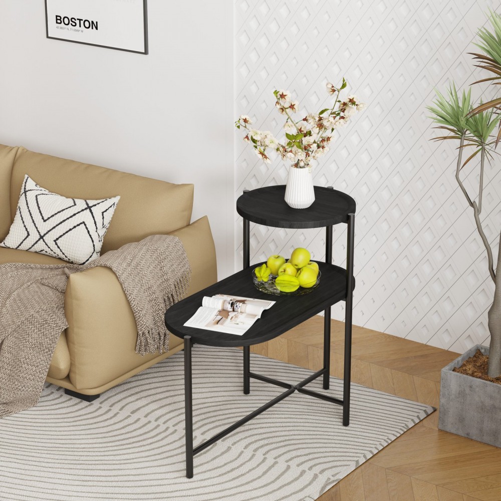 Round Coffee Table With Storage Tray 2 Tier Oval End Tables Wooden Small Side Table For Living Room  Black