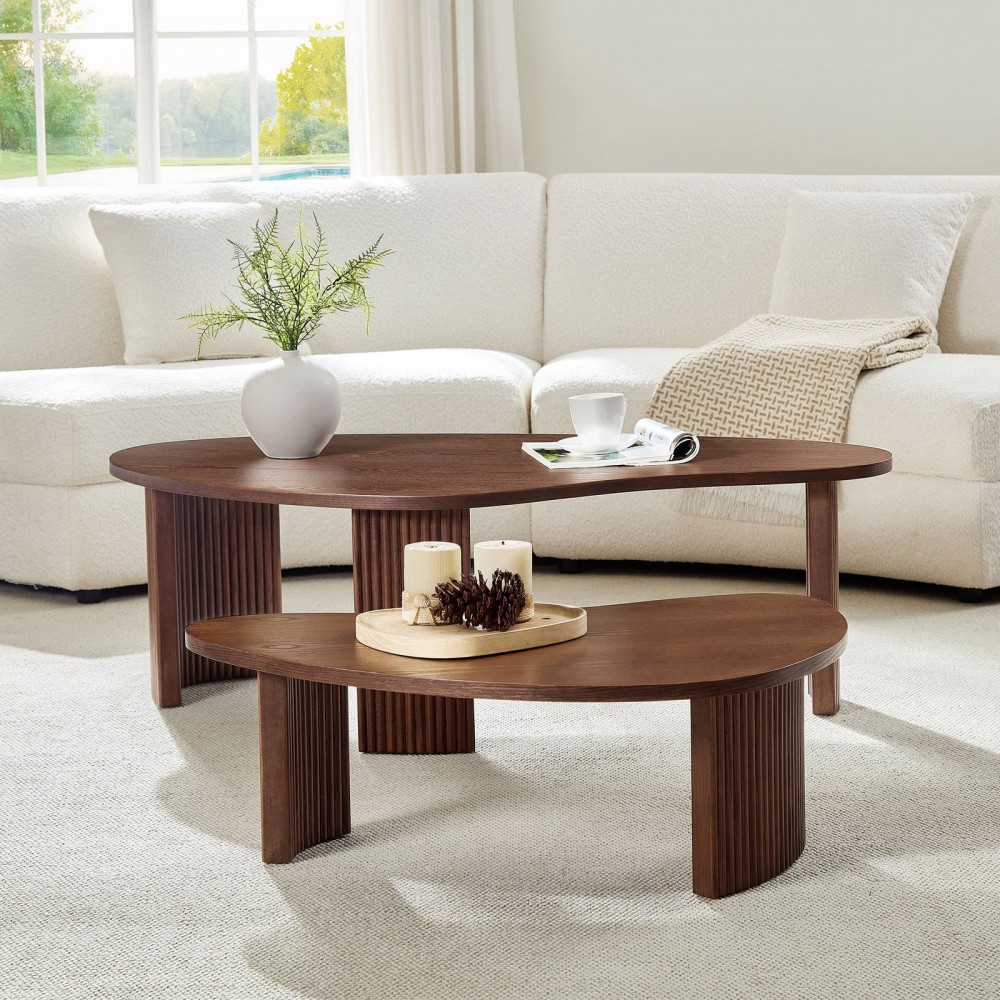 2-Piece Modern Irregular Shape Coffee Table Set For Living Room,Easy Assembly Nesting Coffee Tables, End Side Tables For Living Room Office,Walnut Color