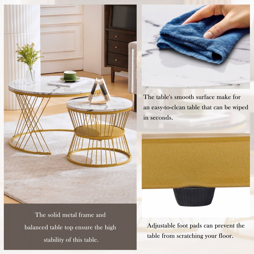 Modern Nesting Coffee Table, High Gloss Coffee Table Set ,Marble Veneer Sofa Side Nest Of Tables Round End Tables, Set Of 2, Golden Color Frame